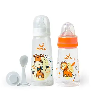 Mylo Essentials 2 in 1 Baby Feeding Bottles with Spoon for New Born Baby (125ml + 250ml) | Anti Colic & BPA Free Feeding Bottles | Feels Natural Baby Bottle | Easy Flow Neck Design- Loin + Giraffe