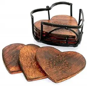 SAHARANPUR HANDICRAFTS Wooden and Iron Heart Shape Tea Coaster
