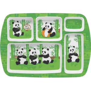 SAHARANPUR HANDICRAFTS Melamine Kids Plate | Rectangular 5 Section Multicolor Plate with Funny Cartoon Prints for Boys and Girls| Food Serving Plate with Partition (Panda Green)