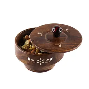 SAHARANPUR HANDICRAFTS Jars Sheesham Wooden Handcrafted Box Pot Handmade White Working Serving Bowl with Lid for Dry Fruits Serving Sweets Chips Cookies Snacks Other (Brown 5 Inches)