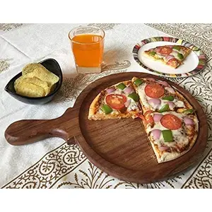 SAHARANPUR HANDICRAFTS Wooden Pizza Plate/Board/Racket Round Slim 13 Inch Brown