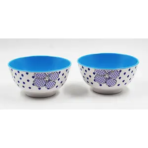 SAHARANPUR HANDICRAFTS Melamine Bowl Set | 6 Inch 650 ML 2 Tone Coloured Round Bowl Set of 2| Vegetable Bowl | Snack Bowl | Soup Bowl (Bowl Blue Hibiscus)