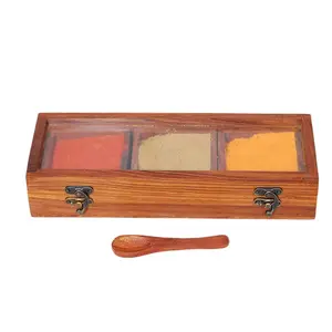 SAHARANPUR HANDICRAFTS Wooden Table Top Masala Dabba with 3 Containers Cum Kitchen Spice Box with Glass Top Sheet and Spoon (Brown)