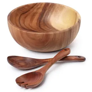 SAHARANPUR HANDICRAFTS Acacia Wood Salad Bowl with Servers Set - Large 10 inches Solid Hardwood Salad Wooden Bowl with Spoon for FruitsSalads and Decoration