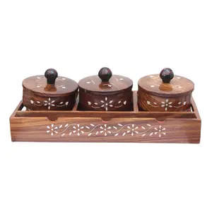 SAHARANPUR HANDICRAFTS Dry Fruit Wood Container Tray Set with Lid & Serving TrayWooden Serving Tray with Wood Jars for Serving Sweets Chips Cookies Other Snacks (3 Pieces White Hand work)