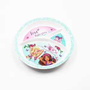 SAHARANPUR HANDICRAFTS Melamine Kids Plate | Round 3 Section 10 '' Multicolor Plate with Barbie Butterfly Prints for Girls | Food Serving Plate with Partition (Barbie Butterfly)