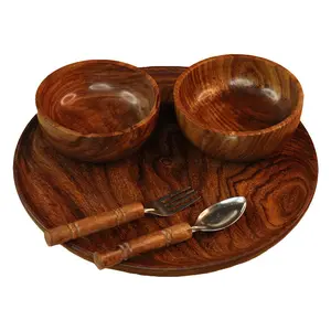 SAHARANPUR HANDICRAFTS Wood Traditional Serving Bowl With Spoon Brown