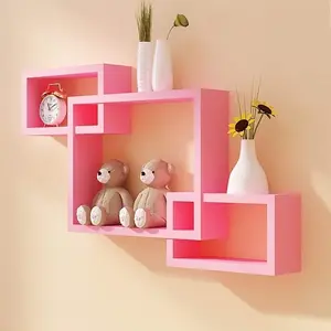 SAHARANPUR HANDICRAFTS MDF Intersecting Wall Mounted Shelf Rack Storage Unit for Home Decor Living Drawing Kids Room Set of 3 (Pink)