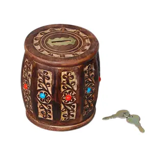 SAHARANPUR HANDICRAFTS Wooden Money/Piggy Bank Money Box Coin Box with Carved Design for Kids/Children. with Lock (5 * 5)