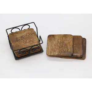 SAHARANPUR HANDICRAFTS Wooden Square Coaster Set of 6 with Decorative Iron Holder (Brown)