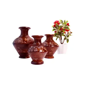 SAHARANPUR HANDICRAFTS Wooden Flower Pots Set of 3 with White Work. Sheesham Wood