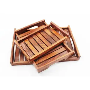 SAHARANPUR HANDICRAFTS Wooden Tray Wooden Serving Tray with Handle/Platter for Home and Kitchen Set of 3
