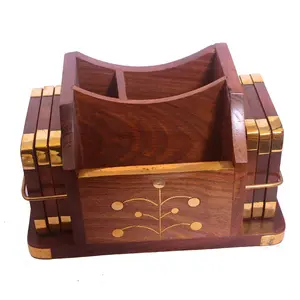 SAHARANPUR HANDICRAFTS Sheesham Hand Crafted Embellished Wooden Drink Coasters Set of 6 for Tea Cups/Coffee Mugs/Beer Cans/Bar Tumblers and Water Glasses Cum Mobile Pen and Visting Card Holder