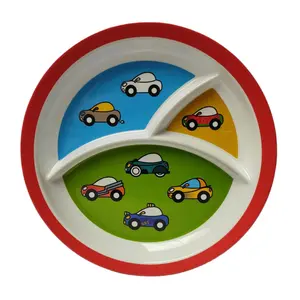 SAHARANPUR HANDICRAFTS Melamine Kids Plate | Round 3 Section 10'' Multicolor Plate with Prints for Boys and Girl | Food Serving Plate with Partition (Car Gangster Round Shape)