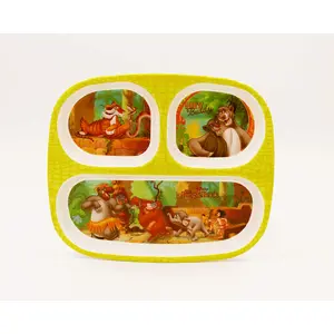 SAHARANPUR HANDICRAFTS Melamine Kids Plate | Rectangular 3 Section Multicolor Plate with Jungle Book Prints for Boys and Girls | Food Serving Plate with Partition (Jungle Book Yelllow)