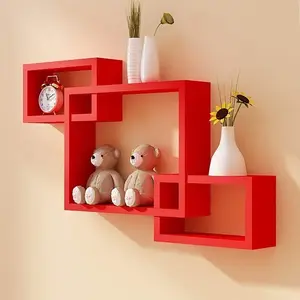 SAHARANPUR HANDICRAFTS MDF Wall Shelf Rack Set of 3 Intersecting Display Shelves for Home Living Room (Red)