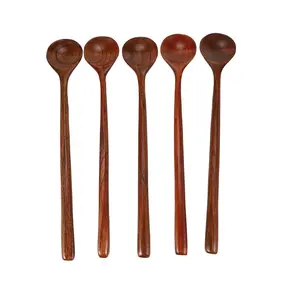 SAHARANPUR HANDICRAFTS Wooden 5 Pieces Korean Style 10.9 inches 100% Natural Wood Long Handle Round Spoons for Soup Cooking Mixing Stirrer Kitchen Tools Utensils FDA Approved(Korean Style Soup Spoon)