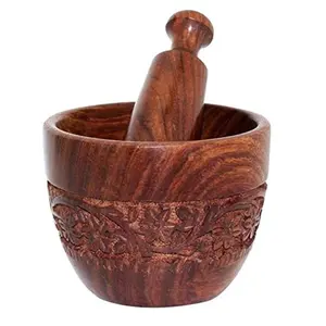 SAHARANPUR HANDICRAFTS Wood Carving Wooden Imamjasta Sheesham Wood Okhali and Musal Mortar and Pestle Set Kharal Natural Brown (Size Smool)