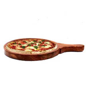 SAHARANPUR HANDICRAFTS Wooden Pizza Platter 10" | Round Pizza Plate with Handle for Serving Food and Starters Platter | Serving Plate for Home Restaurant Cafe (Round Pizza Plate 10 Inch)