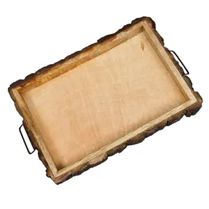 SAHARANPUR HANDICRAFTS Mango Wood Tray Nested Handmade & Handcrafted Rectangular Serving Platter - Size (37 x 25 x 4.5 cm)
