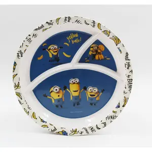 SAHARANPUR HANDICRAFTS Melamine Kids Plate | Round 3 Section 10'' Multicolor Plate with Prints for Boys and Girl | Food Serving Plate with Partition (Yellow Bello Round Shape)