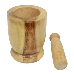 SAHARANPUR HANDICRAFTS Handcrafted Wooden Kitchen Okhli/Kharal/Masher Mortar & Pestle Tool Set- Natural Wooden Color