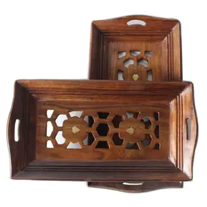 SAHARANPUR HANDICRAFTS Hand-Carved Design Sheesham Wood Small Serving Tray Set of 2 Table Decor Display Centerpiece