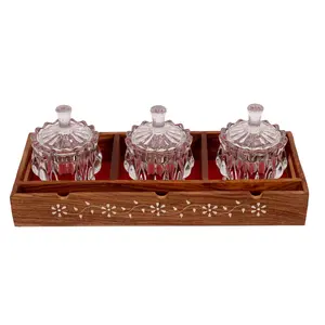 SAHARANPUR HANDICRAFTS Dry Fruit Glass Container Tray Set with Lid & Serving TrayWooden Serving Tray with Glass Jars for Serving Sweets Chips Cookies Other Snacks (3 Pieces White Hand work)