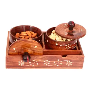 SAHARANPUR HANDICRAFTS Dry Fruit Wood Container Tray Set with Lid & Serving TrayWooden Serving Tray with Wood Jars for Serving Sweets Chips Cookies Other Snacks (2 Pieces White Hand work)