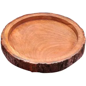 SAHARANPUR HANDICRAFTS Wooden Tray Round Shape Wooden Serving Tray with Handle/Platter for Home and Kitchen
