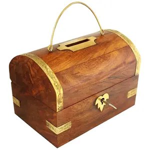 SAHARANPUR HANDICRAFTS Wooden Money Bank Big Gullak Piggy Coin Box with Inner Lock Gifts Items