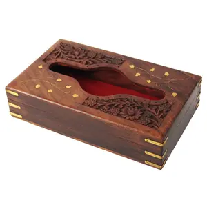 SAHARANPUR HANDICRAFTS Handmade Wooden Tissue/Napkin Holder Box Cover with Brass Inlay and Velvet Interior (8 x 5 Inches)
