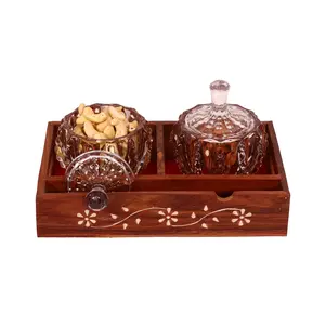 SAHARANPUR HANDICRAFTS Dry Fruit Glass Container Tray Set with Lid & Serving TrayWooden Serving Tray with Wood Jars for Serving Sweets Chips Cookies Snacks Other