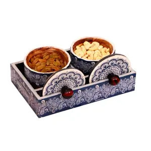 SAHARANPUR HANDICRAFTS Dry Fruit Wood Container Tray Set with Lid & Serving TrayWooden Serving Tray with Wood Jars for Serving Sweets Chips Cookies Snacks Other (Blue Design With Jar 2)