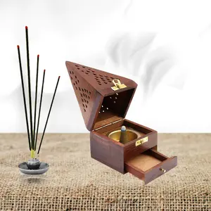 SAHARANPUR HANDICRAFTS Wooden Incense Sticks Holder Pyramid Incense Box Ash Catcher Fragrance Stand Holder Agarbatti & Dhoop Dan (Large)
