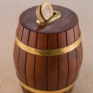 SAHARANPUR HANDICRAFTS Wooden Handmade Barrel Money Piggy BankBeautiful Round Shape Coin Box for Birthday Gifts for Kids Boys Girls & Adult