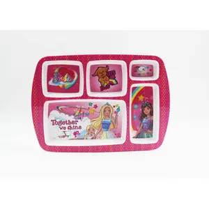 SAHARANPUR HANDICRAFTS Melamine Kids Plate | Rectangular 5 Section Multicolor Plate with Cute Barbie Prints | Food Serving Plate with Partition (Barbie Shine)