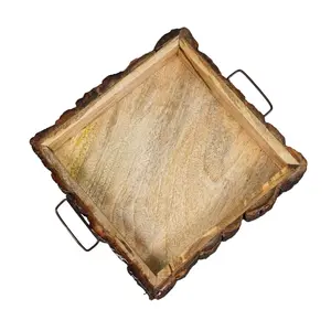 SAHARANPUR HANDICRAFTS Pakka Mango Wood Tray Nested Handmade & Handcrafted Square Serving Platter - Size (25 x 25 x 5cm)