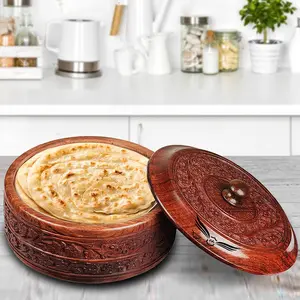 SAHARANPUR HANDICRAFTS Wooden Casserole Box with Engraved Brass Design with Stainless Steel Inside| Kitchen Serving Set| Hotpot for Chapati- Brown Tableware Serveware