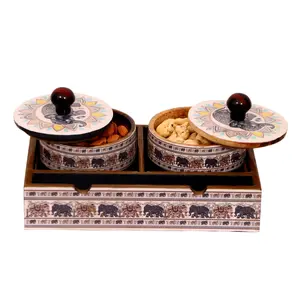 SAHARANPUR HANDICRAFTS Dry Fruit Wood Container Tray Set with Lid & Serving TrayWooden Serving Tray with Wood Jars for Serving Sweets Chips Cookies Snacks Other (Elephant Design With Jar 2)