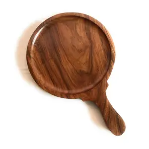 SAHARANPUR HANDICRAFTS Wooden Round Pizza Plate with Handle/Bat/Board (10 Inches Brown)
