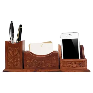 SAHARANPUR HANDICRAFTS Wooden Desk Organizer Wooden Pen Stand Wooden Business Card Holder Wooden Mobile Holder Stand with Brass Work Wooden Office Table Accessories