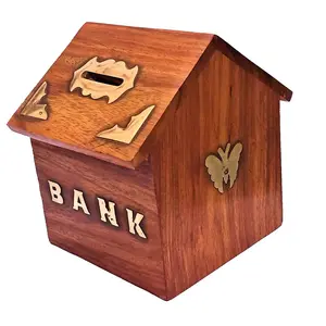 SAHARANPUR HANDICRAFTS Wood Handicrafts Hut Shape Wooden Money Box with Lock Piggy Bank Coin Box Children Gifts Brown