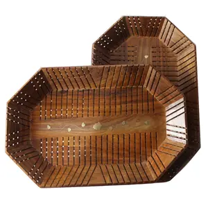 SAHARANPUR HANDICRAFTS Antique Hand Carving Octagon Shape Creates Sheesham Wood Serving Tray Set of 2 with Finish for Tea/Coffee Food Items and Hold Kitchen Ware 22X3X33 cm Trays Burn Brown Finish