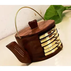 SAHARANPUR HANDICRAFTS Wooden Craft Wooden Kettle Shape Coaster Set_Brown