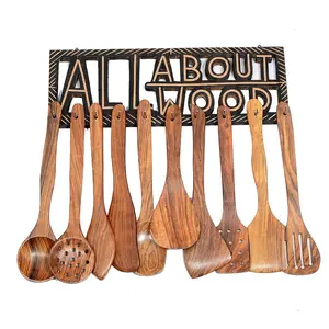SAHARANPUR HANDICRAFTS Set of 10 Multipurpose Serving & Cooking Spoons/Ladles Kitchen Tool Set- with Spoon Holder/Stand (Sheesham Wood Brown Set of 10 Spoons + 1 Spoon Holder Stand)