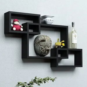 SAHARANPUR HANDICRAFTS MDF Wall Shelf Rack Set of 3 Intersecting Display Shelves for Home Living Room (Black)