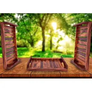 SAHARANPUR HANDICRAFTS Wooden Serving Tray for Breakfast Tea Serving Table Decor Standard Set of 3 Brown Shade