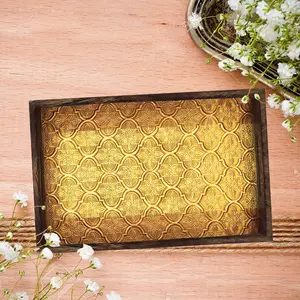 SAHARANPUR HANDICRAFTS Premium Handcrafted Inside Brass Fitted Serving Tray Made of Mango Wood for Serving Coffee Tea Cup Snacks (Size 12"8"2.5"inch)