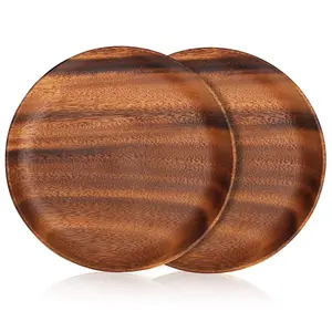 SAHARANPUR HANDICRAFTS 2 Pcs 10 Inch Luxury Acacia Wood Dinner Plates for Eating Wooden Serving Platter for Food Sandwich Dessert Salad Plate Fruit Platters Round Tray